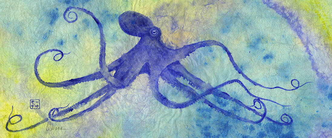 Blue octopus Gyotaku with painted background on Shoji paper