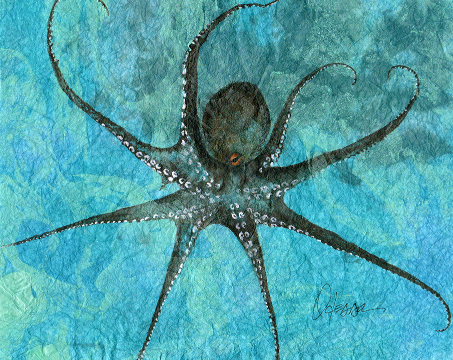 Octopus Gyotaku on blue marble paper