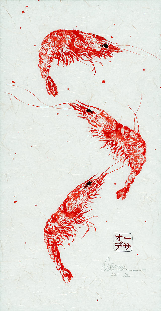 3 shrimp Gyotaku on rice paper