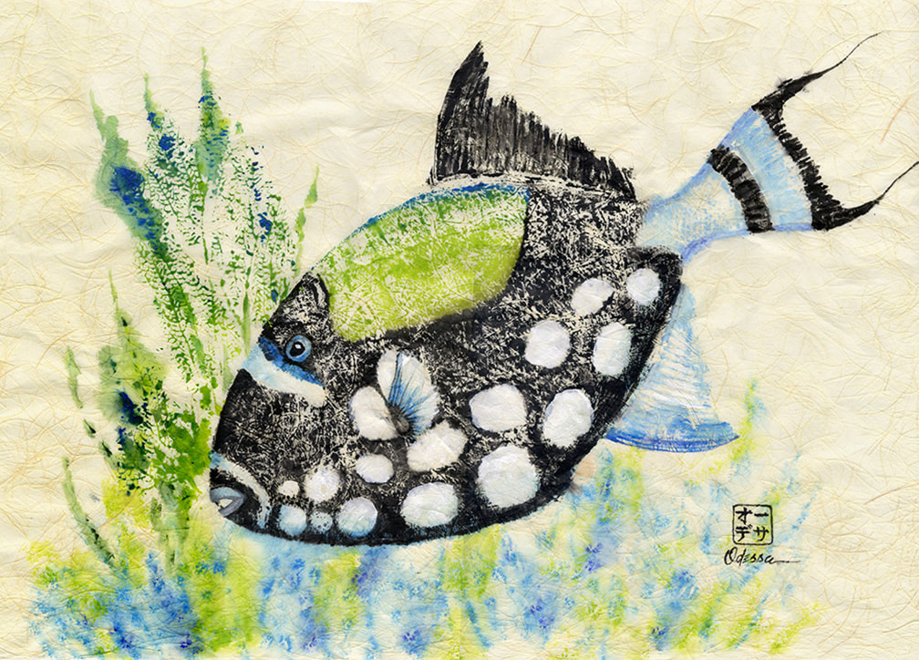 Triggerfish Gyotaku on cream Shoji paper